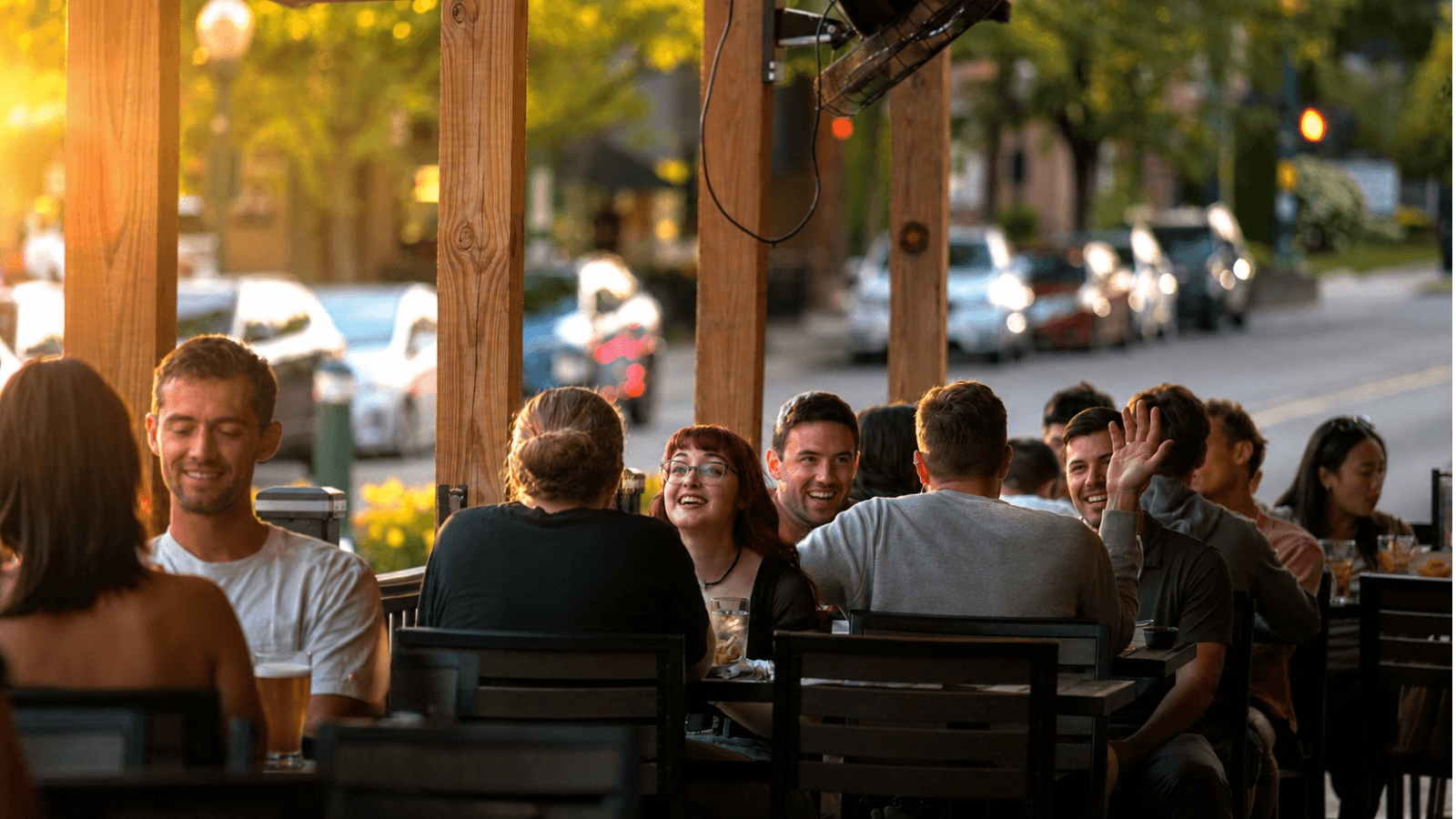 A packed patio full of guests