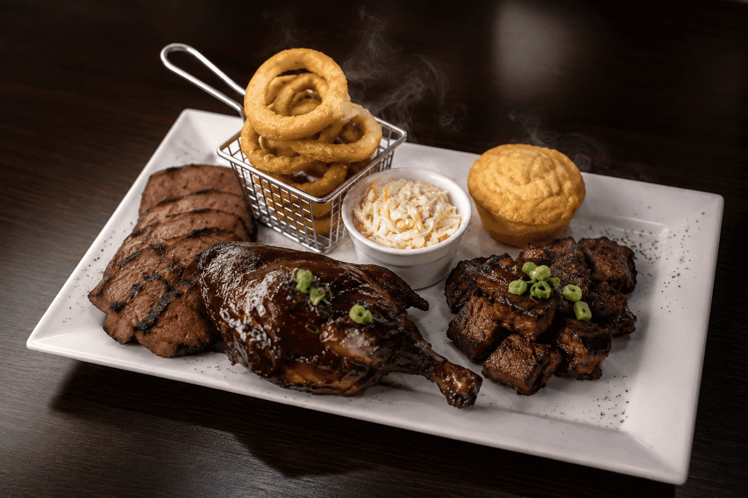 A loaded smokehouse BBQ platter