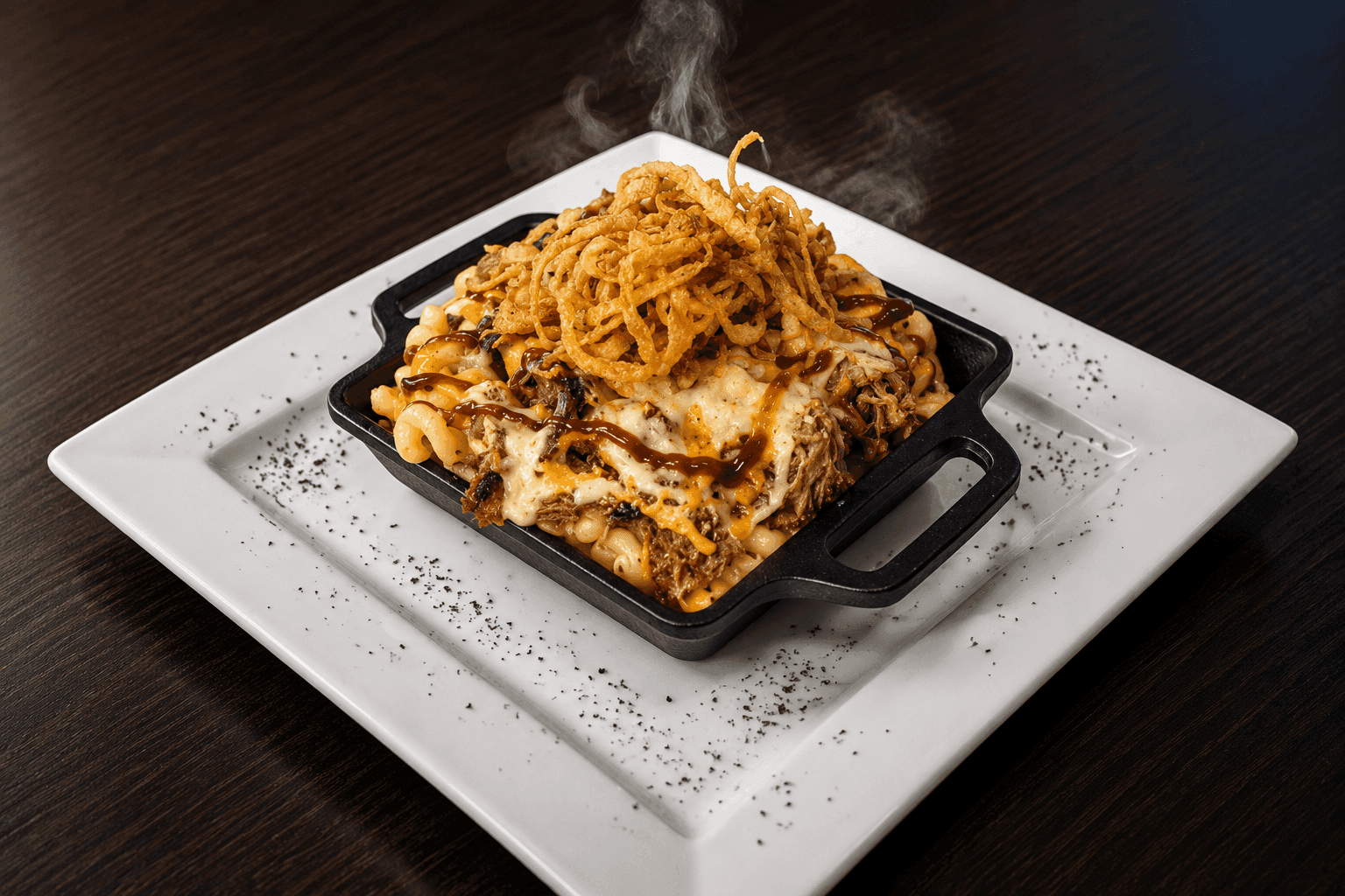 Baked three-cheese mac and cheese with onion straws
