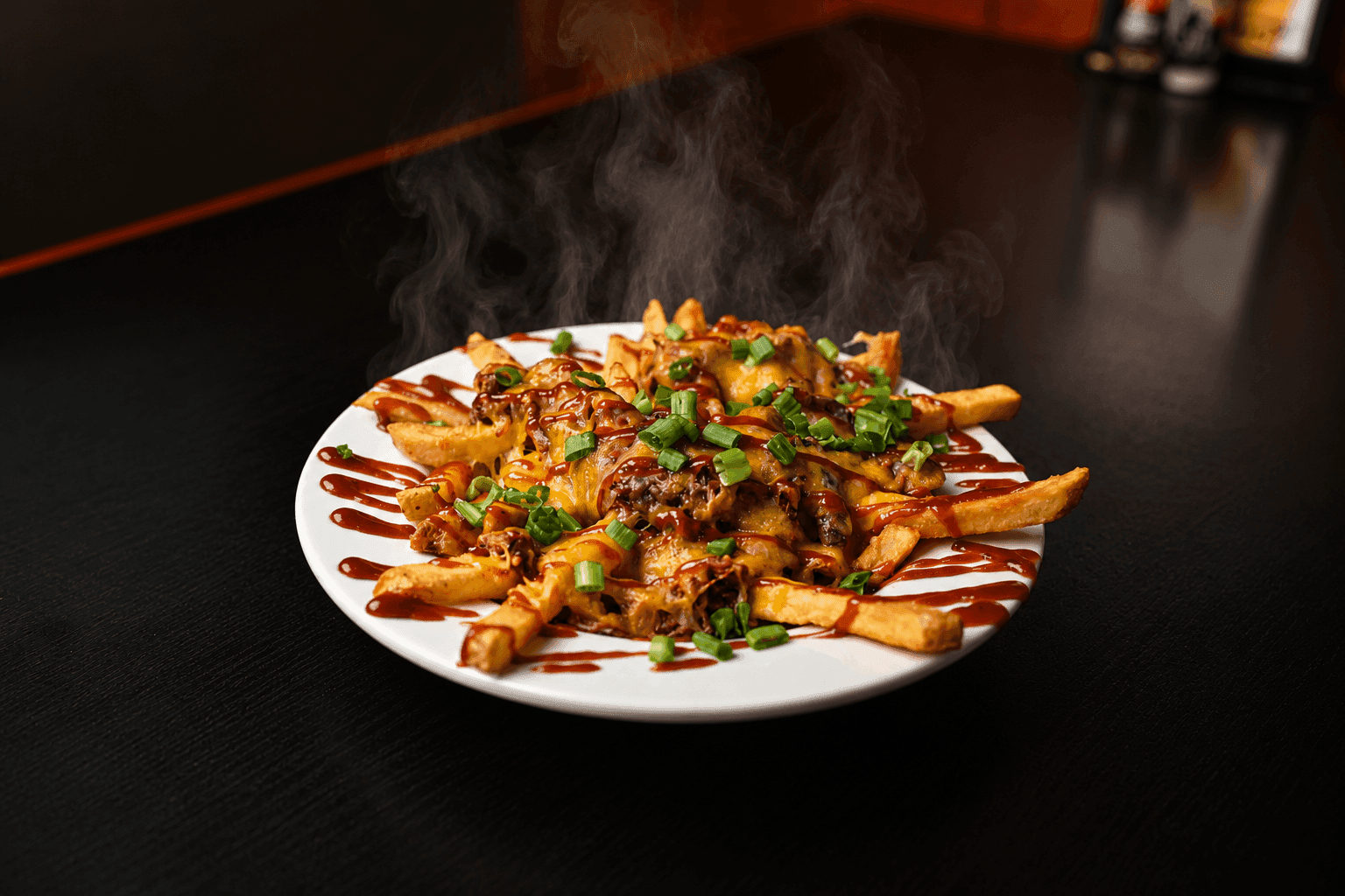 Brisket fries topped with cheese and BBQ sauce